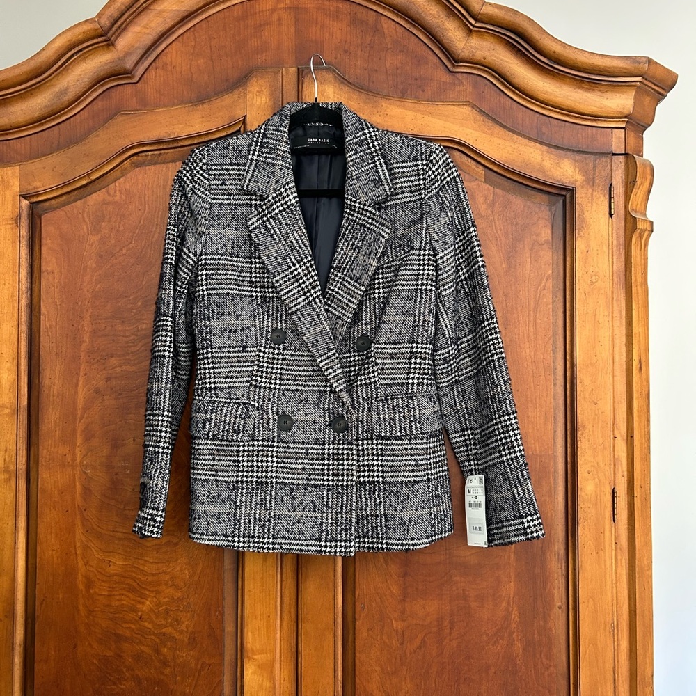 NWT NEW Zara Black Gray Plaid Tweed Blazer Medium M